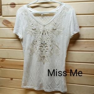Miss Me embellished cream shirt with open weave knit back, small